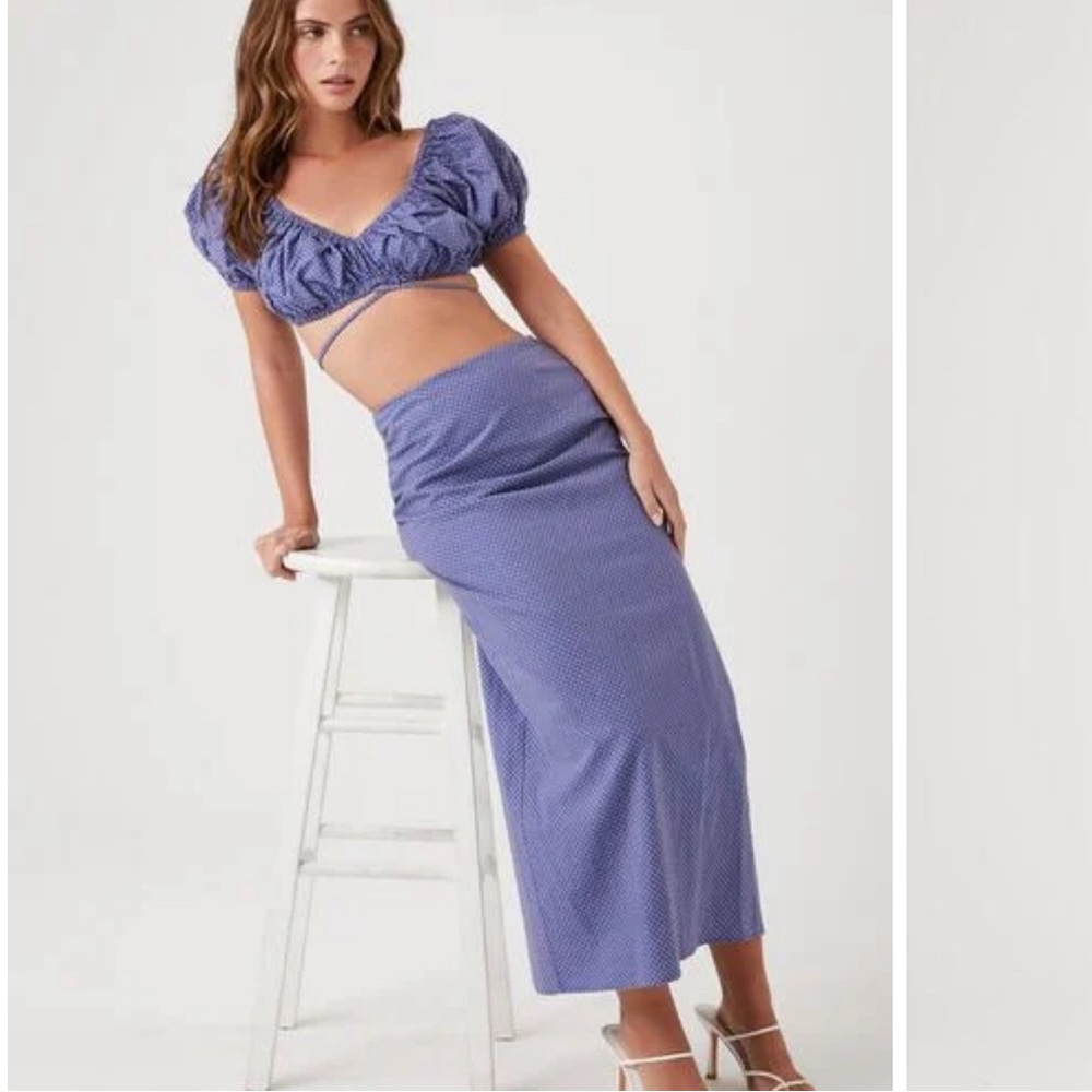 Forever 21. Two piece set. Pin dot crop top & maxi skirt. Size small. Blue